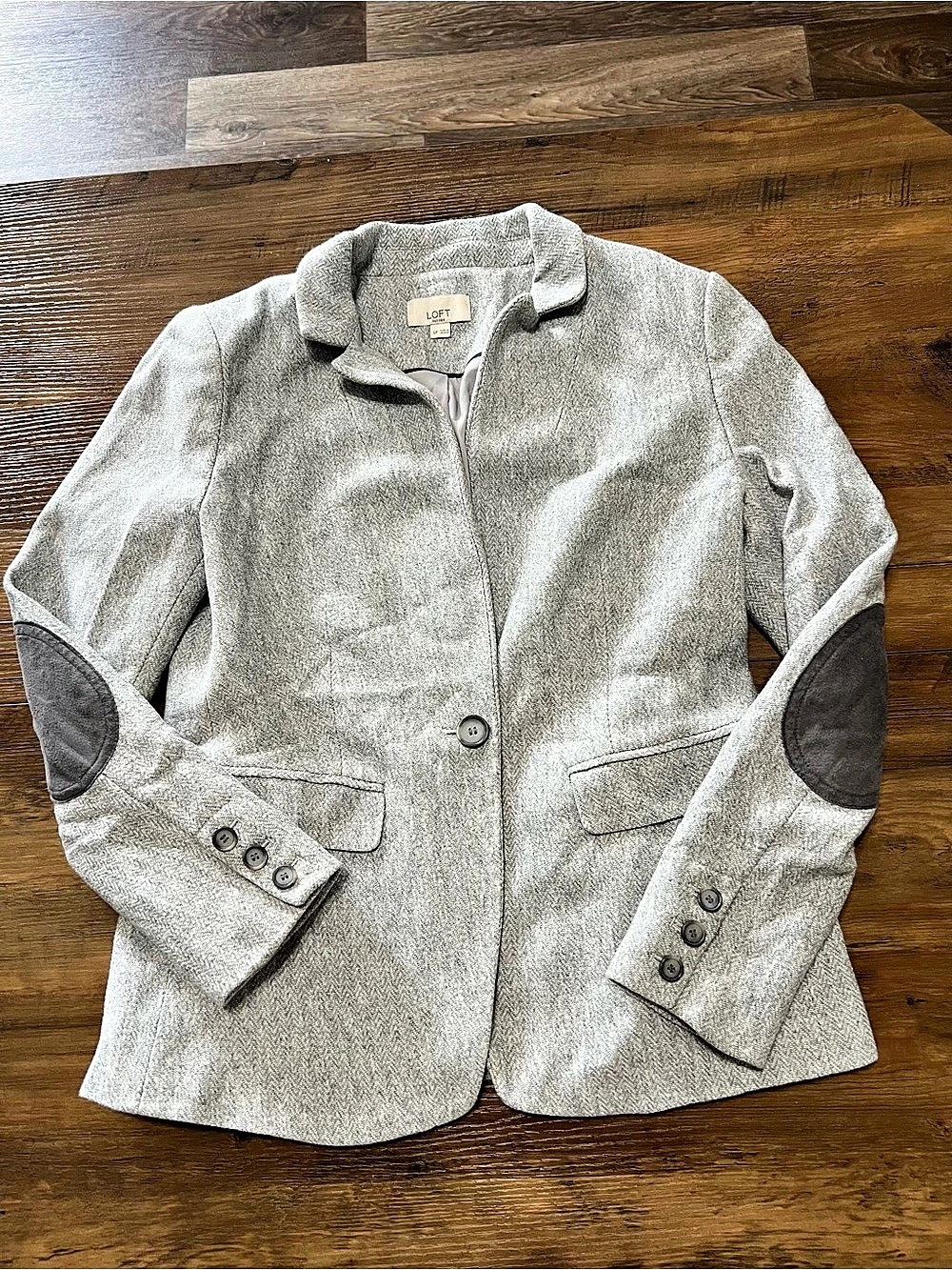 LOFT Grey Tweed Elbow Patch Blazer Gray Medium petite 6